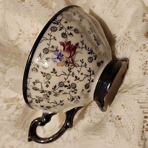 Pink/Purple Floral On Blk & White, PW, US Zone,Made In Germany, Teacup & Saucer